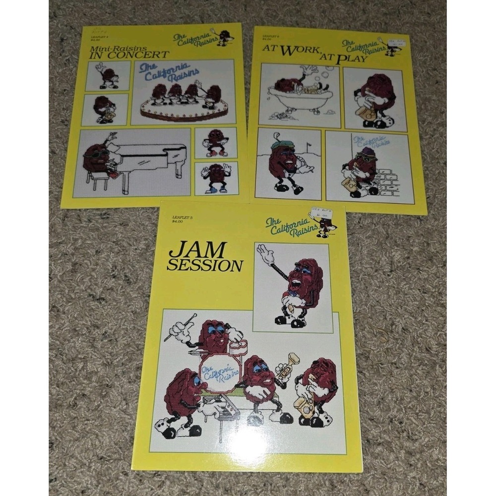 3x The California Raisins Counted Cross Stitch Leaflets #4, 5 & 6 1988